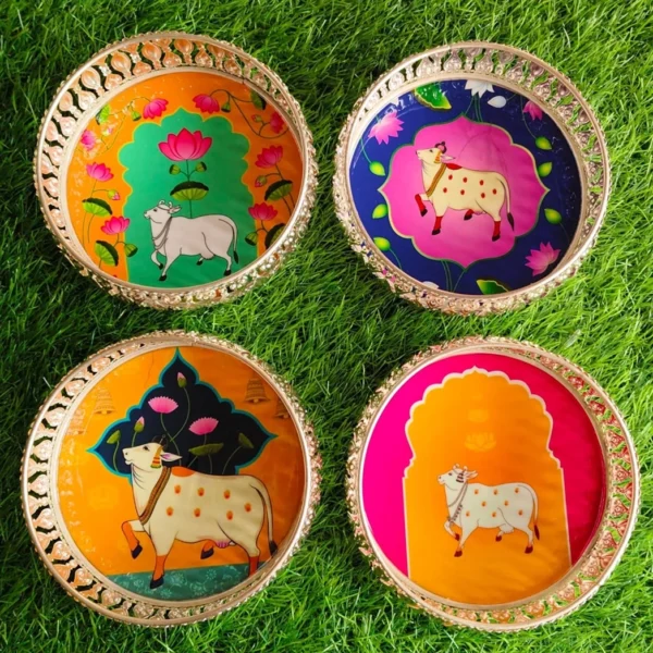 Round German Silver Pichwai Trays with Cow and Floral Mixed Designs