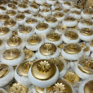 White Metal Powder Coated Container with Golden Flower Lid