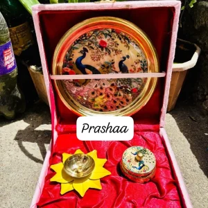 Light Yellow Brass Plate Combo Box with including Sindoor Box and Yellow Flower Diya