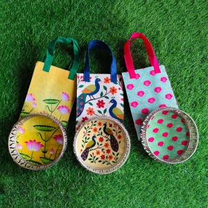 German Silver Coated Metal Trays with Digital Pichwai Prints and Matching Felt Bags