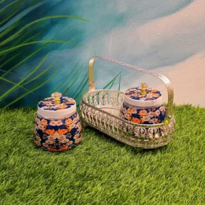 Metal Basket With Dark Blue Floral Jars In German Silver Finish