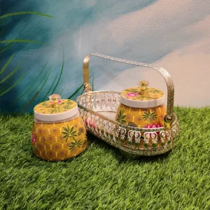 Metal Basket With Dark Yellow Floral Jars In German Silver Finish