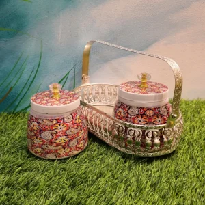 Metal Basket With Red Floral Jars In German Silver Finish