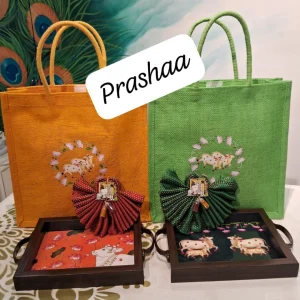 Pichwai Jute Bag with Tray & Blouse – Haldi Kumkum