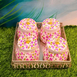 Set of two German Silver Trays with Four White Floral Pichwai Jars