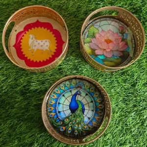 Round Pichwai Tray with Multi Desgins Round Pichwai Tray with Multi Desgins