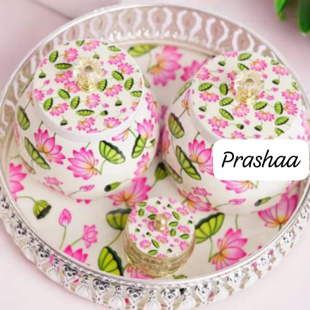 German Silver Coated Pichwai Tray + 2 Jar + German Silver Sindoor Box Combo German Silver Coated Pichwai Tray + 2 Jar + German Silver Sindoor Box Combo