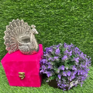 Antique German Silver Peacock Feather with Votive Candle and Velvet Box Antique German Silver Peacock Feather with Votive Candle and Velvet Box