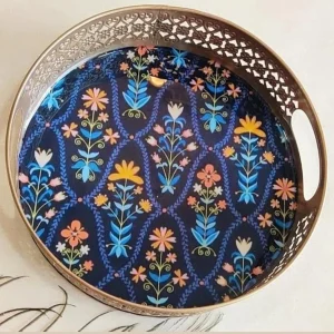 Navy Blue Floral Pichwai Round Trays Navy Blue Floral Pichwai Round Trays