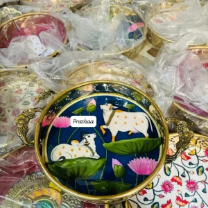 Dark Blue Colour with Cow and Flower Pichwai Brass Tray Dark Blue Colour with Cow and Flower Pichwai Brass Tray