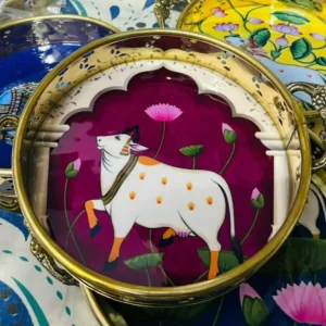 Dark Pink with Cow and Flower Brass Pichwai Tray Dark Pink with Cow and Flower Brass Pichwai Tray