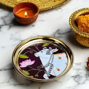 Dark Maroon Pichwai with Cow Round Plates Dark Maroon Pichwai with Cow Round Plates