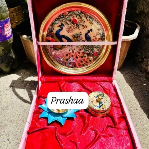 Light Yellow Brass Plate Combo Box with including Sindoor Box and Blue Flower Diya Light Yellow Brass Plate Combo Box with including Sindoor Box and Blue Flower Diya