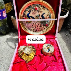 Light Yellow Brass Plate Combo Box with including Sindoor Box and Golden Leaf Diya Light Yellow Brass Plate Combo Box with including Sindoor Box and Golden Leaf Diya