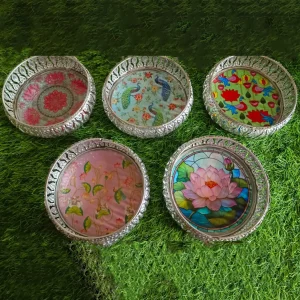 German Silver Pichwai Trays Mixed Design - 2 - Round German Silver Pichwai Trays Mixed Design - 2 - Round
