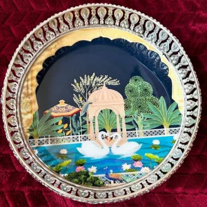 German Silver Pichwai Trays with Floral Dove Design German Silver Pichwai Trays with Floral Dove Design