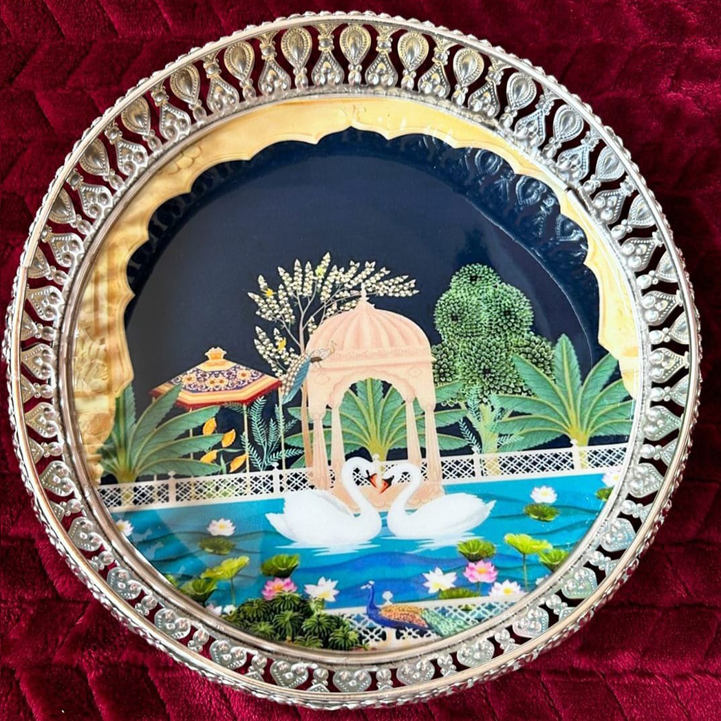 German Silver Pichwai Trays with Floral Dove Design German Silver Pichwai Trays with Floral Dove Design