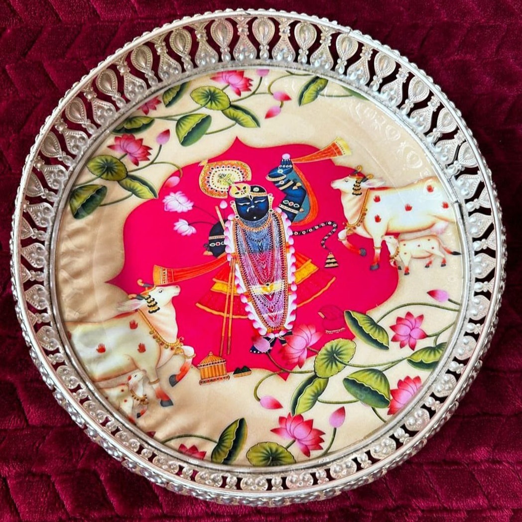German Silver Pichwai Trays with Srinath Ji with Cow German Silver Pichwai Trays with Srinath Ji with Cow