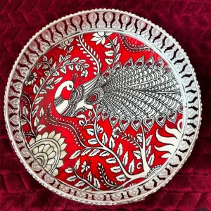 German Silver Pichwai Trays with Traditional Peacock Design German Silver Pichwai Trays with Traditional Peacock Design