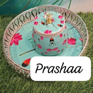 German Silver Tray with Light Blue Floral Jar – Floral Combo German Silver Tray with Light Blue Floral Jar – Floral Combo