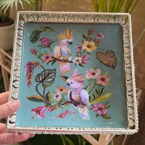 Light Blue German Silver Pichwai Trays with Parrot and Flower Design - Square Light Blue German Silver Pichwai Trays with Parrot and Flower Design - Square