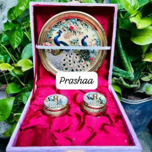 Light Yellow Brass Plate Combo Box with including two Sindoor Boxes Light Yellow Brass Plate Combo Box with including two Sindoor Boxes
