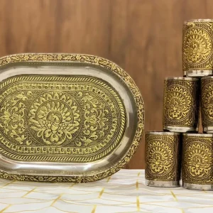 Meenakari Gold Tray 10 Inch with Glasses Combo Meenakari Gold Tray 10 Inch with Glasses Combo