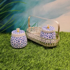 Metal Basket With Blue Floral Jars In German Silver Finish Metal Basket With Blue Floral Jars In German Silver Finish
