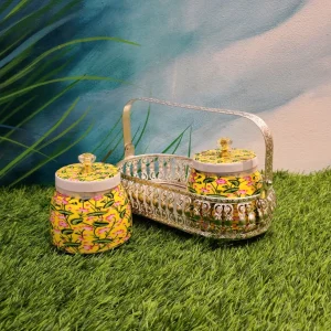 Metal Basket With Light Yellow Floral Jars In German Silver Finish Metal Basket With Light Yellow Floral Jars In German Silver Finish
