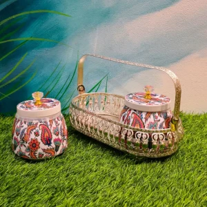 Metal Basket With White Floral Jars In German Silver Finish Metal Basket With White Floral Jars In German Silver Finish