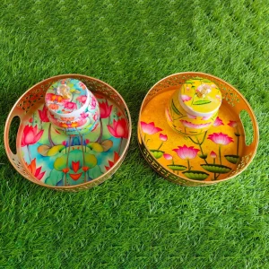 Metal Tray and Jar Combo with Pichwai Lotus Print Metal Tray and Jar Combo with Pichwai Lotus Print