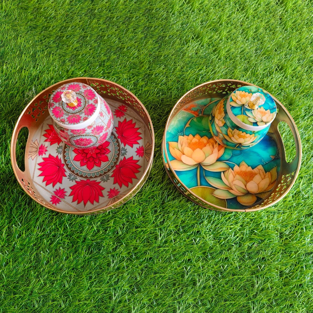 Metal Tray and Jar Combo with Pichwai Lotus Print Metal Tray and Jar Combo with Pichwai Lotus Print