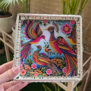 Mixed Colour German Silver Pichwai Trays with Peacock and Flower Design - Square Mixed Colour German Silver Pichwai Trays with Peacock and Flower Design - Square