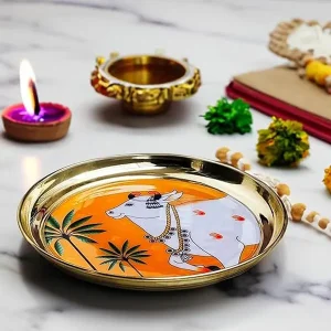Orange Pichwai with Cow & Tree Round Plates Orange Pichwai with Cow & Tree Round Plates
