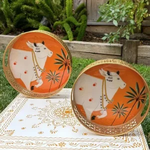 Orange Pichwai Tray with Cow Design Orange Pichwai Tray with Cow Design