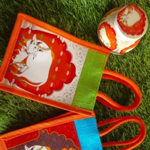 Matching Pichwai Jute bag+ Pichwai Jar combo Matching Pichwai Jute bag+ Pichwai Jar combo