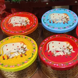 Pichwai Boxes Round Red, Blue and Yellow Pichwai Boxes Round Red, Blue and Yellow