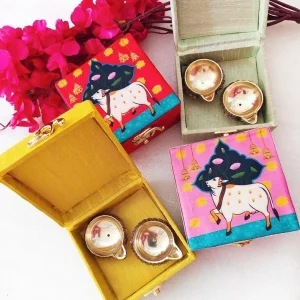 Pichwai Boxes with Kuber Brass Diya Combo Pichwai Boxes with Kuber Brass Diya Combo
