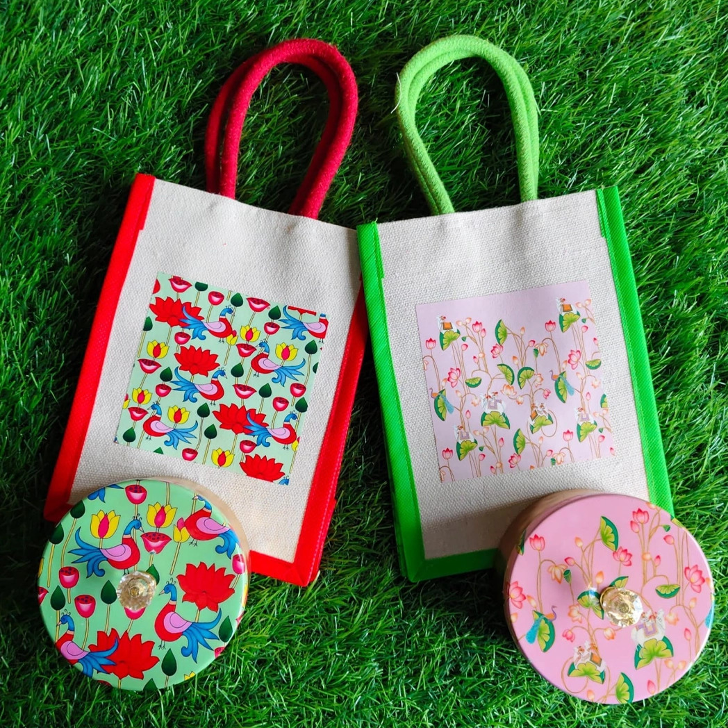 Pichwai Boxes with Mixed Print Potlis Combo Pichwai Boxes with Mixed Print Potlis Combo