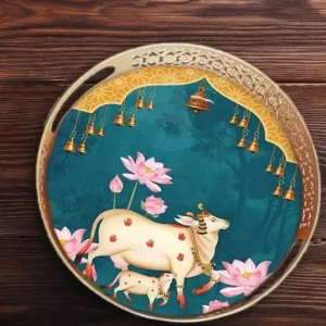 Pichwai with Lotus and Bells Round Tray Pichwai with Lotus and Bells Round Tray