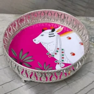 Pink German Silver Pichwai Trays with Cow and Leaf Design - Round Pink German Silver Pichwai Trays with Cow and Leaf Design - Round