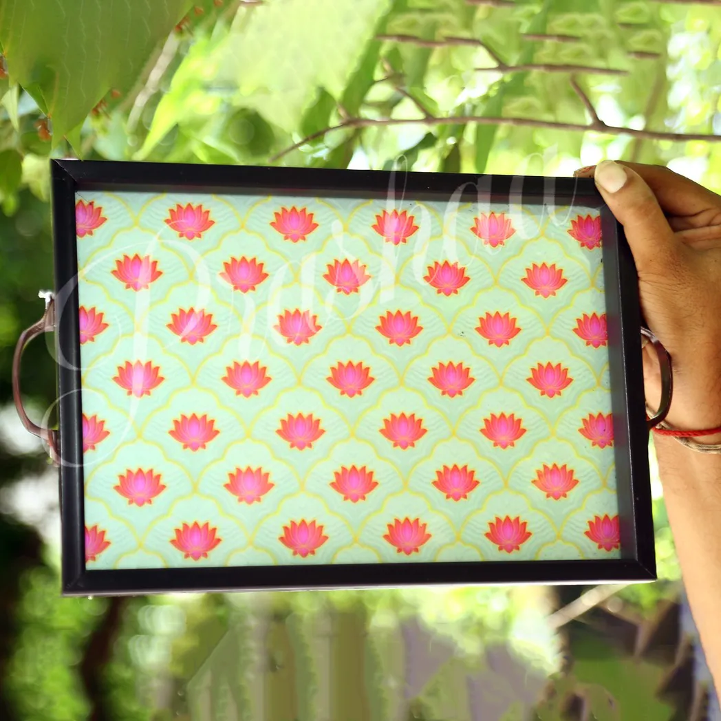 Pink Lotus Floral Thamboolam Trays with Handles Pink Lotus Floral Thamboolam Trays with Handles
