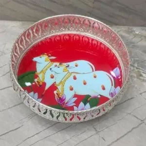 Red German Silver Pichwai Trays with Cow and Lotus Design - Round Red German Silver Pichwai Trays with Cow and Lotus Design - Round