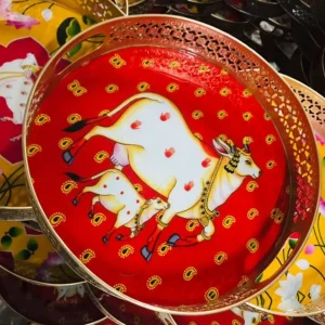 Red Pichwai Round Tray Red Pichwai Round Tray