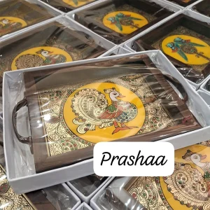 Reverse Glass Acrylic trays - Yellow Annam or Annapakshi Design Reverse Glass Acrylic trays - Yellow Annam or Annapakshi Design