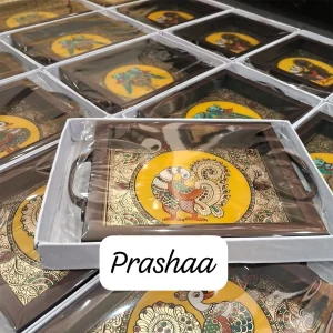 Reverse Glass Acrylic trays - Yellow peacock Reverse Glass Acrylic trays - Yellow peacock