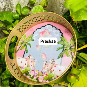 Round Pichwai Tray with Cow and Floral Design Round Pichwai Tray with Cow and Floral Design