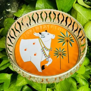 Orange Round German Silver Pichwai Tray with Cow and Tree Design Orange Round German Silver Pichwai Tray with Cow and Tree Design