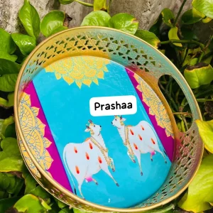 Round Pichwai Tray with Cow and Multi Design Round Pichwai Tray with Cow and Multi Design