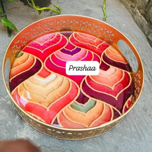Round Pichwai Tray with Red and Orange Design Round Pichwai Tray with Red and Orange Design